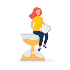 Beautiful girl spends leisure, relaxes, reads a book. Woman is sitting on an hourglass. The concept of rest, leisure, reading, relaxation, life. Lack of time. Life speed. Modern vector illustration.