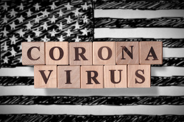 Hand drawn black and white flag of United States of America with wooden cubes spelling coronavirus on it. 2019 - 2020 Novel Coronavirus (2019-nCoV) concept, for an outbreak occurs in USA.