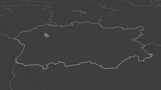 Alytaus, county with its capital, zoomed and extruded on the bilevel map of Lithuania in the conformal Stereographic projection. Animation 3D