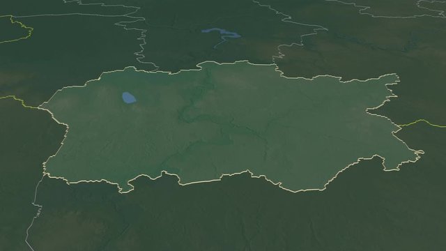 Alytaus, county with its capital, zoomed and extruded on the relief map of Lithuania in the conformal Stereographic projection. Animation 3D