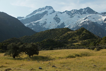 Landscape on Hooker Valley Track in Mount Cook National Park on South Island of New Zealand
