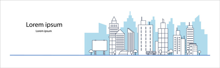 Fototapeta premium blue city building in flat line illustration vector, panoramic cityscape design for background 