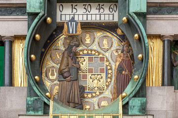 Close up of Ankeruhr clock on the Hoher Markt (Market) in Inner City, Vienna, Austria