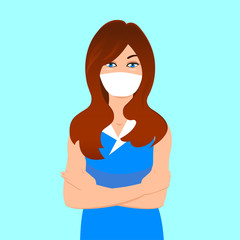 Masked girl during an epidemic. Hands on chest. vector illustration.