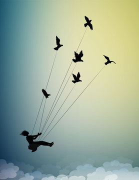 girl is flying and holding pigeons, fly in the dream up to the sky, childhood memories, silhouette shadows