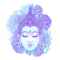 Buddha face with peonies on background. Vector illustration. Psychedelic neon composition. Indian, Buddhism, Spiritual Tattoo, yoga, spirituality. Sticker, patch, poster graphic design.