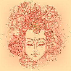 Buddha face with peonies on background. Vector illustration. Psychedelic neon composition. Indian, Buddhism, Spiritual Tattoo, yoga, spirituality. Sticker, patch, poster graphic design.