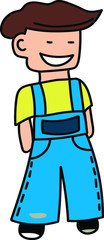 a cheerful BOY IN a DENIM blue JUMPSUIT