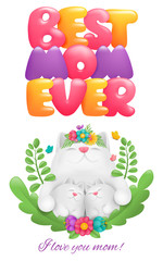 Happy Mothers Day card design. Best mom ever title. Cartoon white cat character with kids