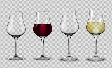 Full and empty glasses for white and red wine.