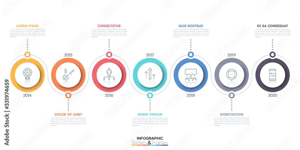 Aufkleber horizontal timeline with 7 circular elements, thin line icons inside them, year indication and text 