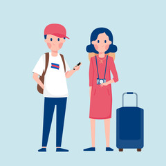 Couple of tourists with travel bag and map. Vector flat style cartoon illustration isolated on white background.