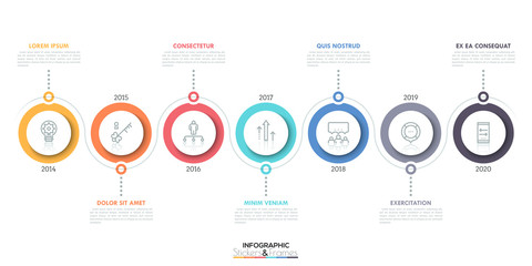 Horizontal timeline with 7 circular elements, thin line icons inside them, year indication and text boxes. Minimal infographic design template.