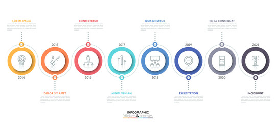 Horizontal timeline with 8 circular elements, thin line icons inside them, year indication and text boxes. Minimal infographic design template.