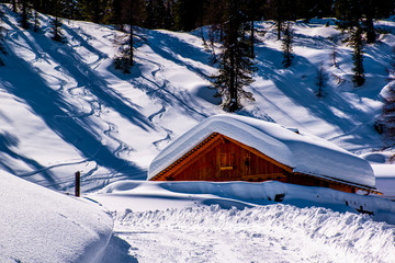 alpine hut in the snow