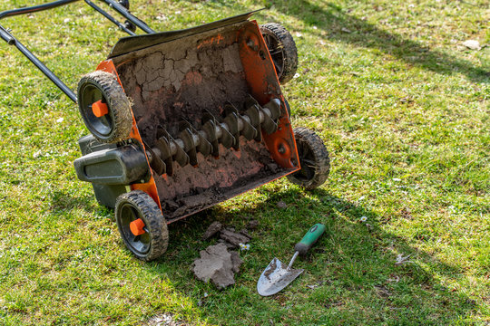 Clleaning a lawn thatcher in the garden