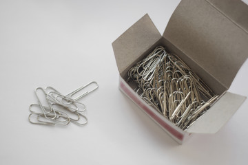 Paper clips close up in box isolated on white background