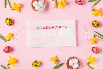 Coronavirus quarantine during Easter holidays. Face medical mask in frame made of narcissus flowers and Easter eggs