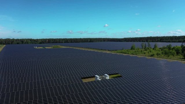 Aerial view of solar power station build on old airport field in Templin, Germany