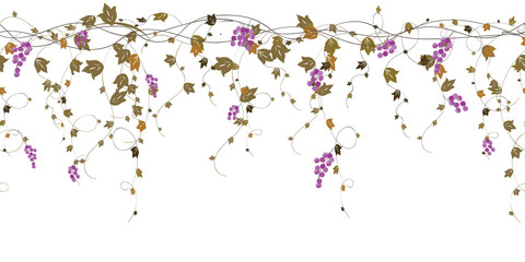 Repeatable autumn leaves branch with grapes vector border design