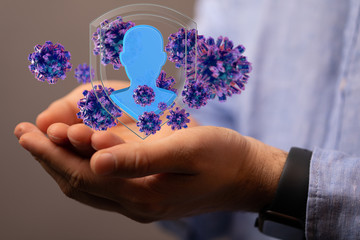 Hologram of coronavirus COVID-2019 on a blue futuristic background. Deadly type of virus 2019-nCoV. 3D models of coronavirus bacteria. Vectonic illustration in HUD style.