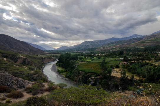 rio santa basin surrounded by mountains, towns and agricultural fields in the callejon de huaylas in the peruvian andes