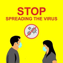 Stop spreading the virus. Illustration of man and woman using healthy mask Social media template.flat Character design. banner template.