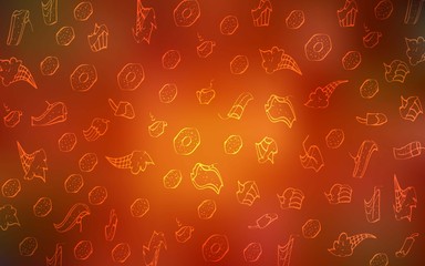 Dark Orange vector texture with sweets, candies. Blurred decorative design of desserts in doodle style. Pattern for ads of breakfast, lunch, dinner.