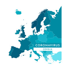 Vector isolated illustration. European map in blue colors with text - Coronavirus Covid-19.  Danger of pandemic for the world. White background. Global quarantine