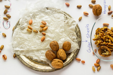 Prepare Traditional Turkish Ramadan Dessert Gullac with;Gullac sheets,rose water,walnuts,hazelnuts,pistachio,milk,pomegranate seeds and sugar.Oldest and very light dessert.
