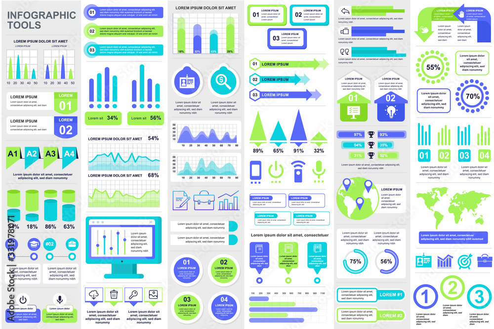 Poster business infographic elements set in flat style. data visualization bundle for presentation and anal