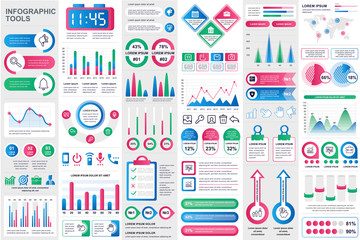 Business infographic elements set in flat style. Data visualization bundle ready to use in business presentation and analytics report. Circular and linear colorful diagrams vector illustration.