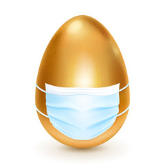 Realistic golden Easter egg with medical disposable mask on white background