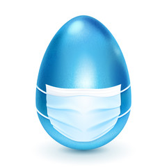 Realistic blue Easter egg with medical disposable mask on white background