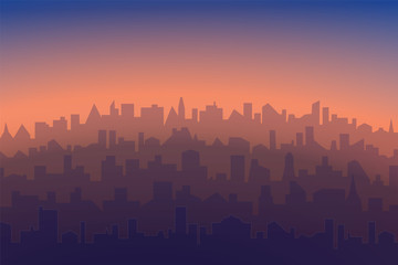 Cityscape with sunrise or sunset background. Horizontal morning or evening landscape of modern city. Abstract illustration silhouettes of city buildings