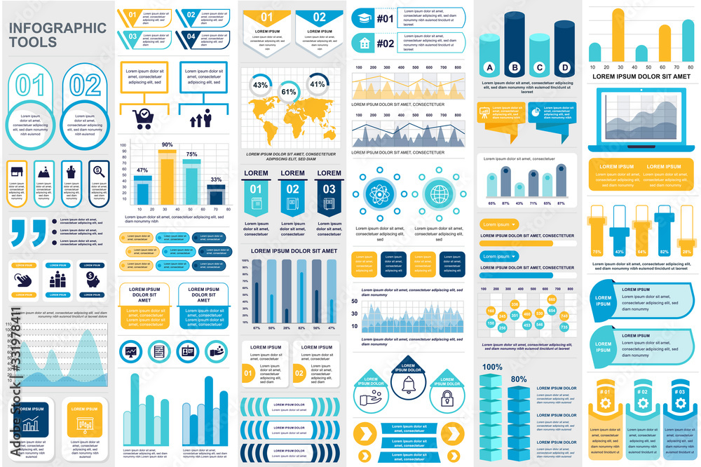 Poster Business infographic elements set in flat style. Data visualization bundle for presentation and analytics. Colorful mosaic diagram, stock and flow charts, line and bar graphs vector illustration.