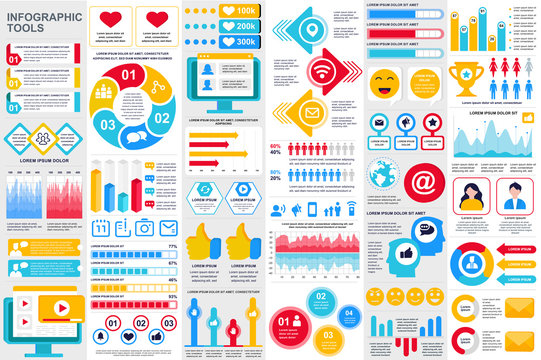 Social media infographic elements set. Social marketing and networking visualization templates bundle. Colorful info graphics diagram, stock and flow charts, line and bar graphs vector illustration.