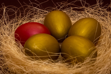 Easter golden eggs and one red egg in the decorative nest on dark brown background. Easter concept. Happy Easter greeting card.