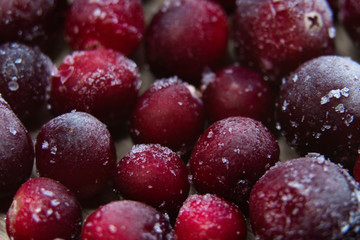 Many frozen cranberries. Closeup of red berries in hoarfrost.