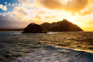 San Sebastian bay and Monte Igueldo at sunset in Basque Country, Spain