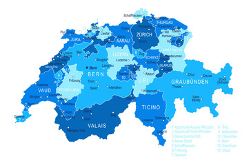 Switzerland map. Cities, regions. Vector
