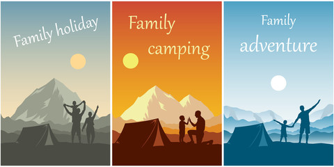 Family vacations, adventures and camping. People and a tent on the background of a mountain landscape. Concept of spring and summer travel with a child. A set of vector cards or flyers.