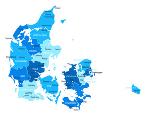 Denmark map. Cities, regions. Vector - obrazy, fototapety, plakaty