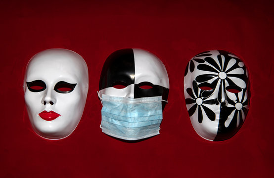 masks in the form of human faces in protective medical masks and without medical masks
