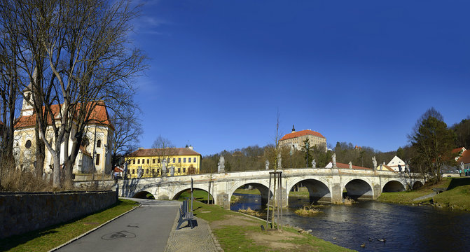 The State castle, baroque Bridge and the River Oslava, Namest nad Oslavou, Czech Republic