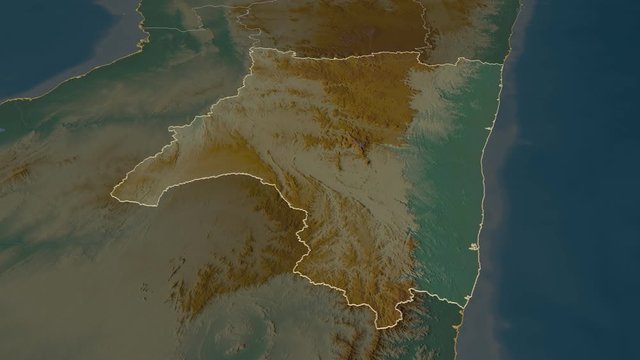 Fianarantsoa, autonomous province with its capital, zoomed and extruded on the relief map of Madagascar in the conformal Stereographic projection. Animation 3D
