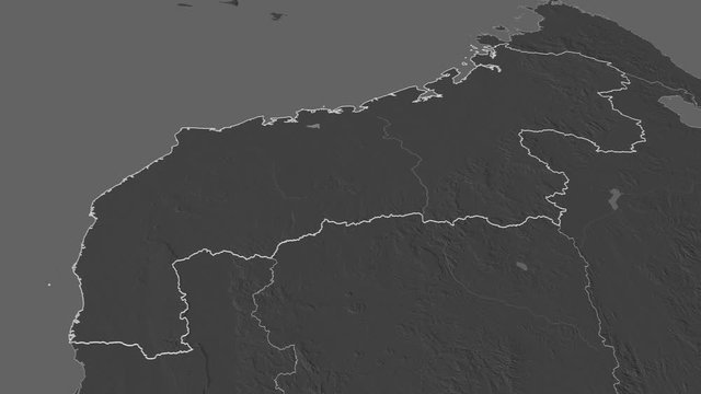 Mahajanga, autonomous province with its capital, zoomed and extruded on the bilevel map of Madagascar in the conformal Stereographic projection. Animation 3D