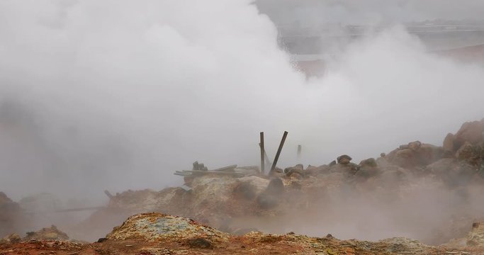Steaming vents at Gunnuhver geothermal area in Iceland, collapsed bridge structure