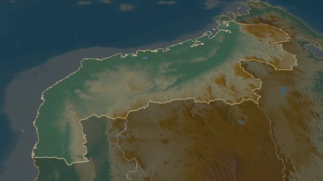 Mahajanga, autonomous province with its capital, zoomed and extruded on the relief map of Madagascar in the conformal Stereographic projection. Animation 3D