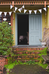 A long view of the old vintage style store front in the town area of the beach. 